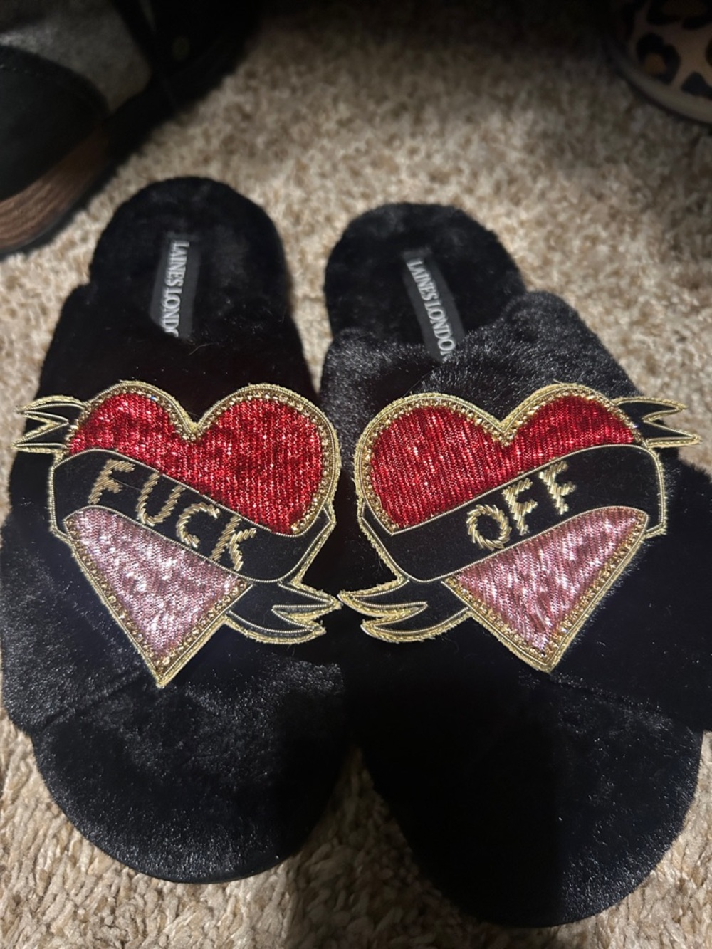 Laines London Velvet Heart Slide Slippers with Red & Pink Embroidery